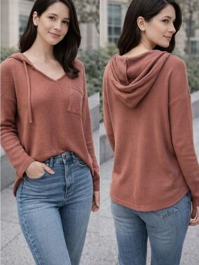 Rust Knit V-Neck Hoodie Sweater